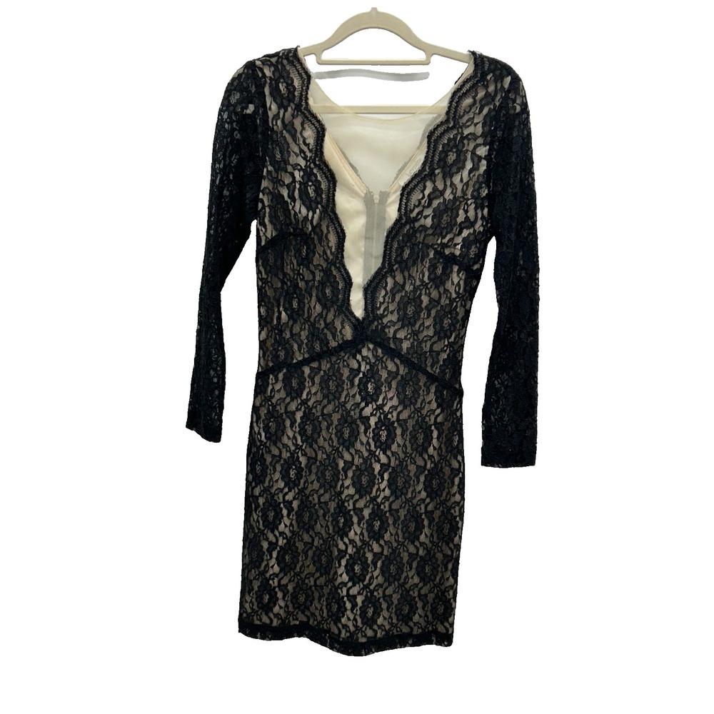 Lucy Paris Lace Dress Womens Small Black Nude Long Sleeve Deep V Cocktail